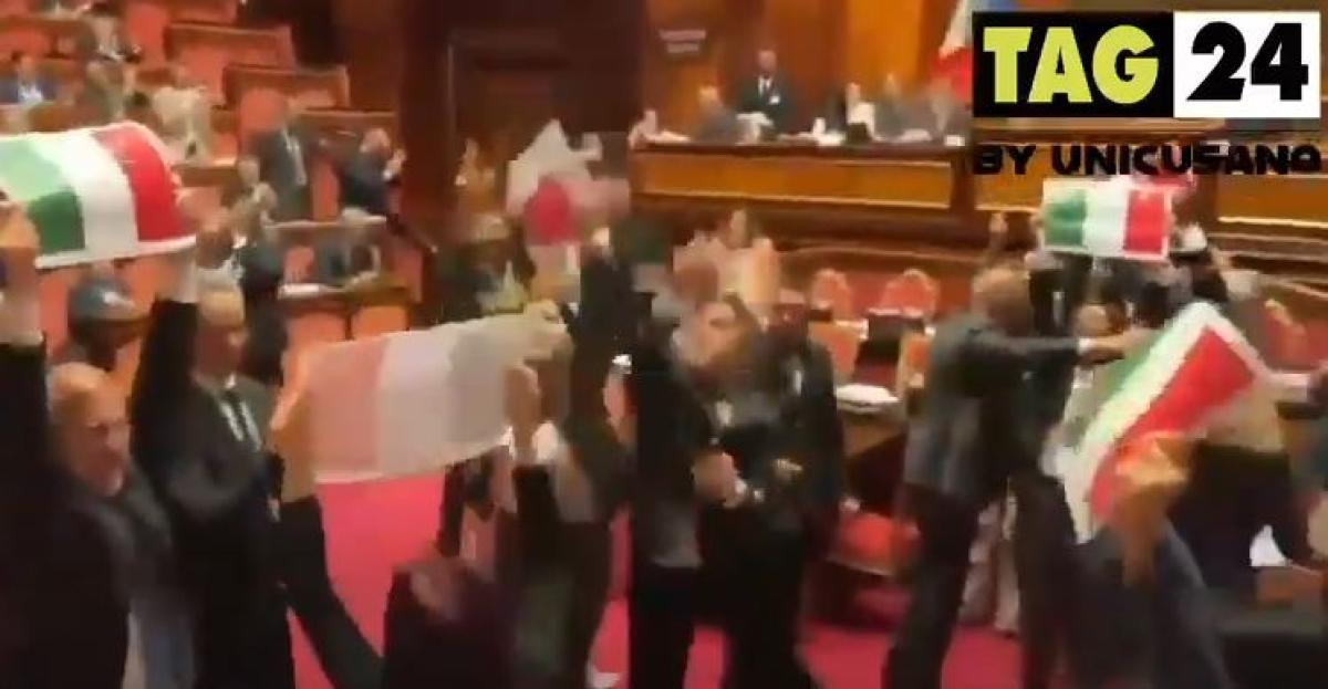 Rissa alla Camera, la tensione si sposta in Senato: M5S occupa l’aula sventolando il tricolore. Bonelli (Avs): “Aggressione squadrista”, replica Crippa (Lega): “Donno meglio al circo che in Palamento” | VIDEO