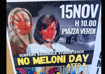 Sciopero nazionale studentesco, il manifesto con Meloni e Bernini insanguinate accende le polemiche