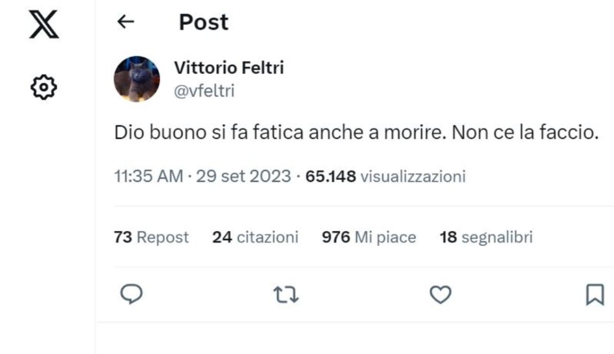 Il tweet preoccupante di Vittorio Feltri: “Si fa fatica anche a morire”, cosa sta accadendo?