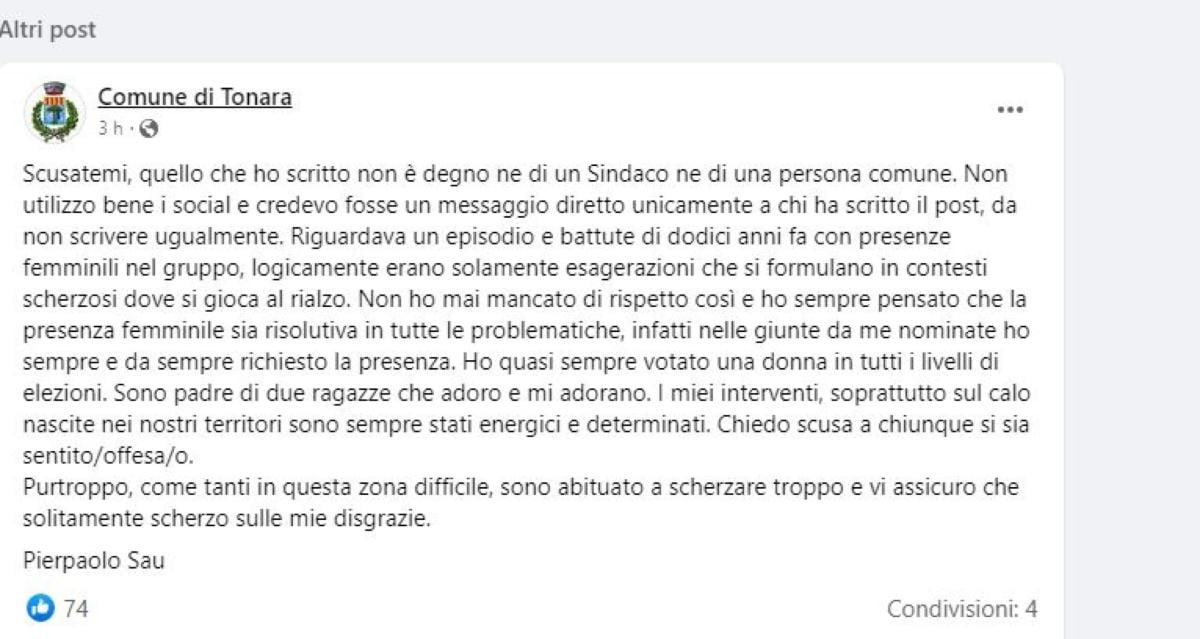 È bufera sul commento sessista del sindaco di Tonara Pierpaolo Sau …