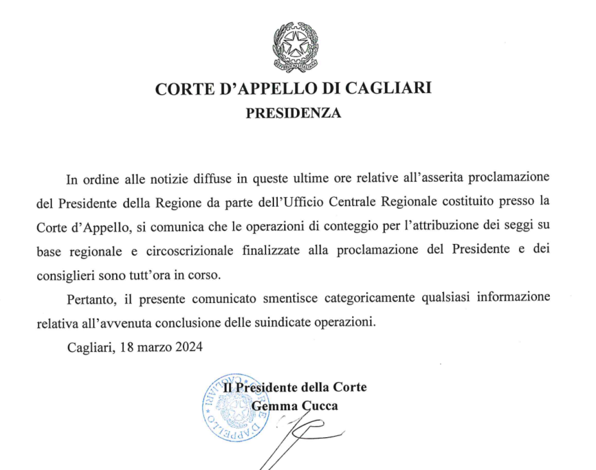 Elezioni Sardegna 2024, giallo sulla proclamazione. La Corte d’Appello di Cagliari frena Todde: “Conteggi ancora in corso.”