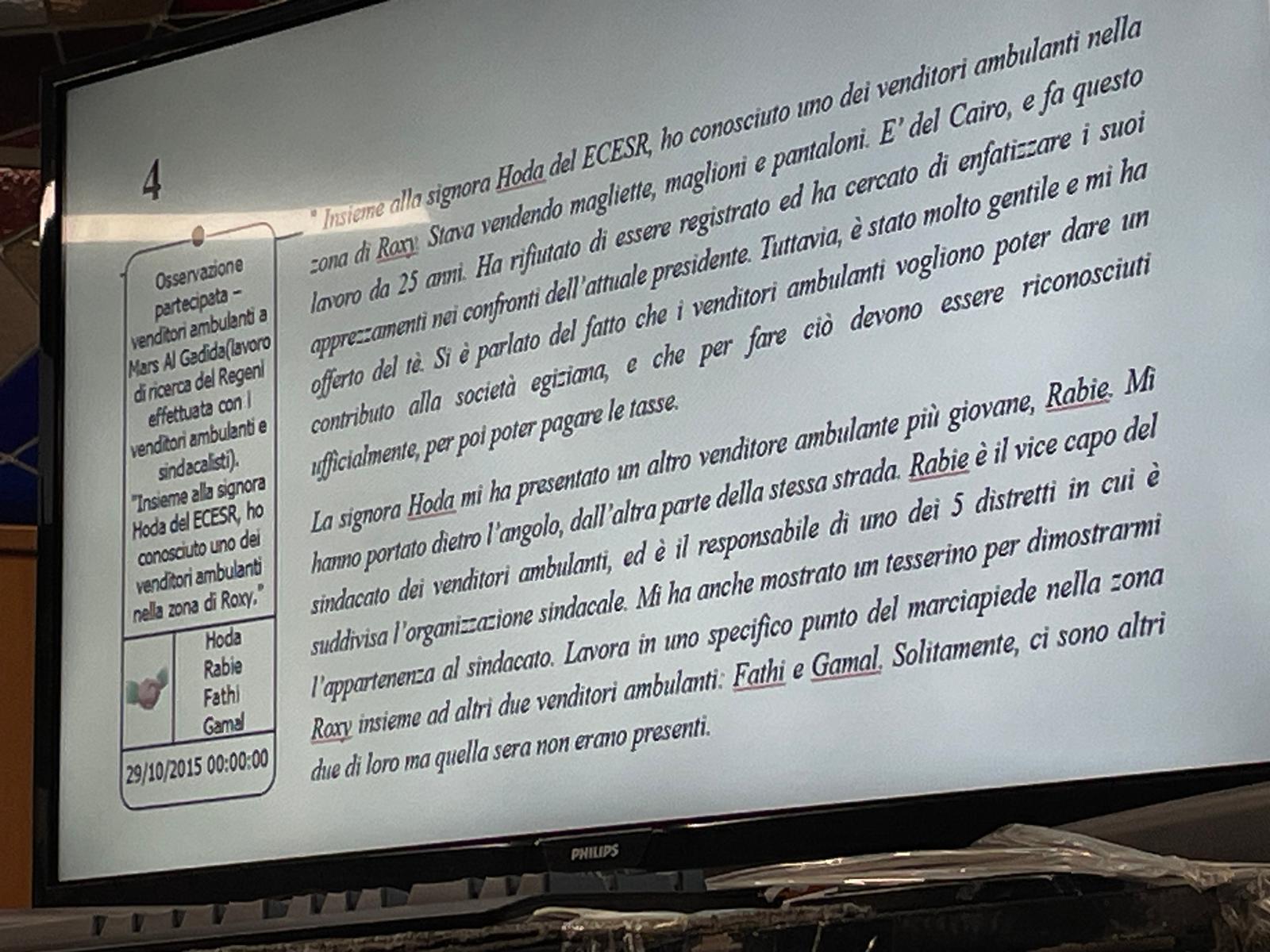 Vengono letti in aula gli appunti del lavoro di ricerca scritti da Regeni.