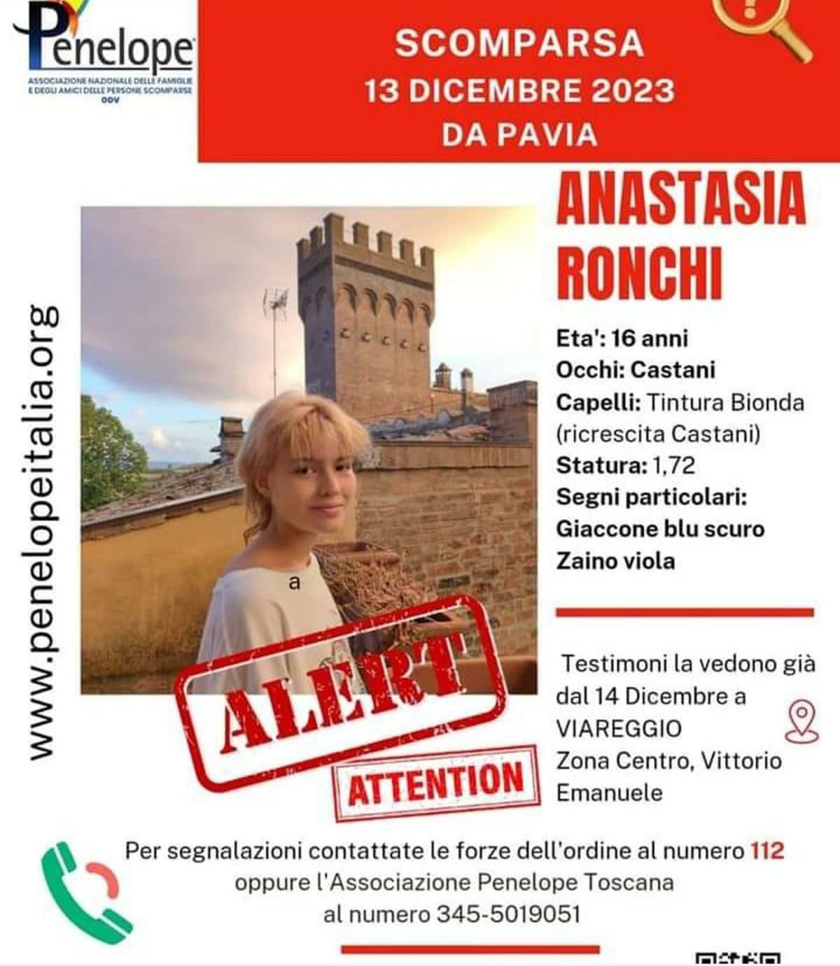 Anastasia Ronchi, ritrovata in Versilia la ragazza scomparsa a Pavia