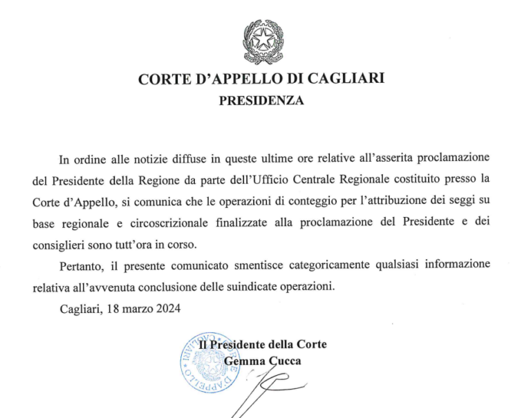 Elezioni Sardegna 2024, giallo sulla proclamazione. La Corte d’Appello di Cagliari frena Todde: “Conteggi ancora in corso.”