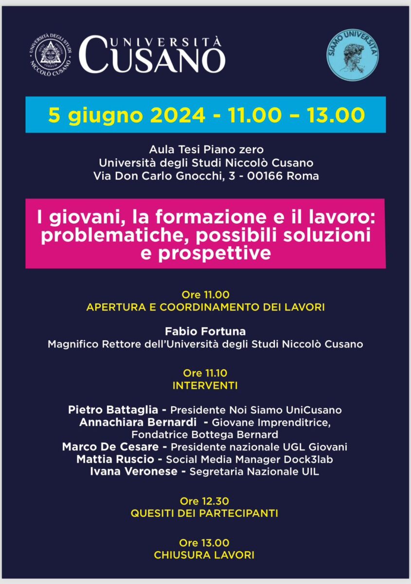 Giovani al centro, al via il prossimo 5 giugno 2024 il Convegno Unicusano dedicato a lavoro, formazione e prospettive delle nuove generazioni