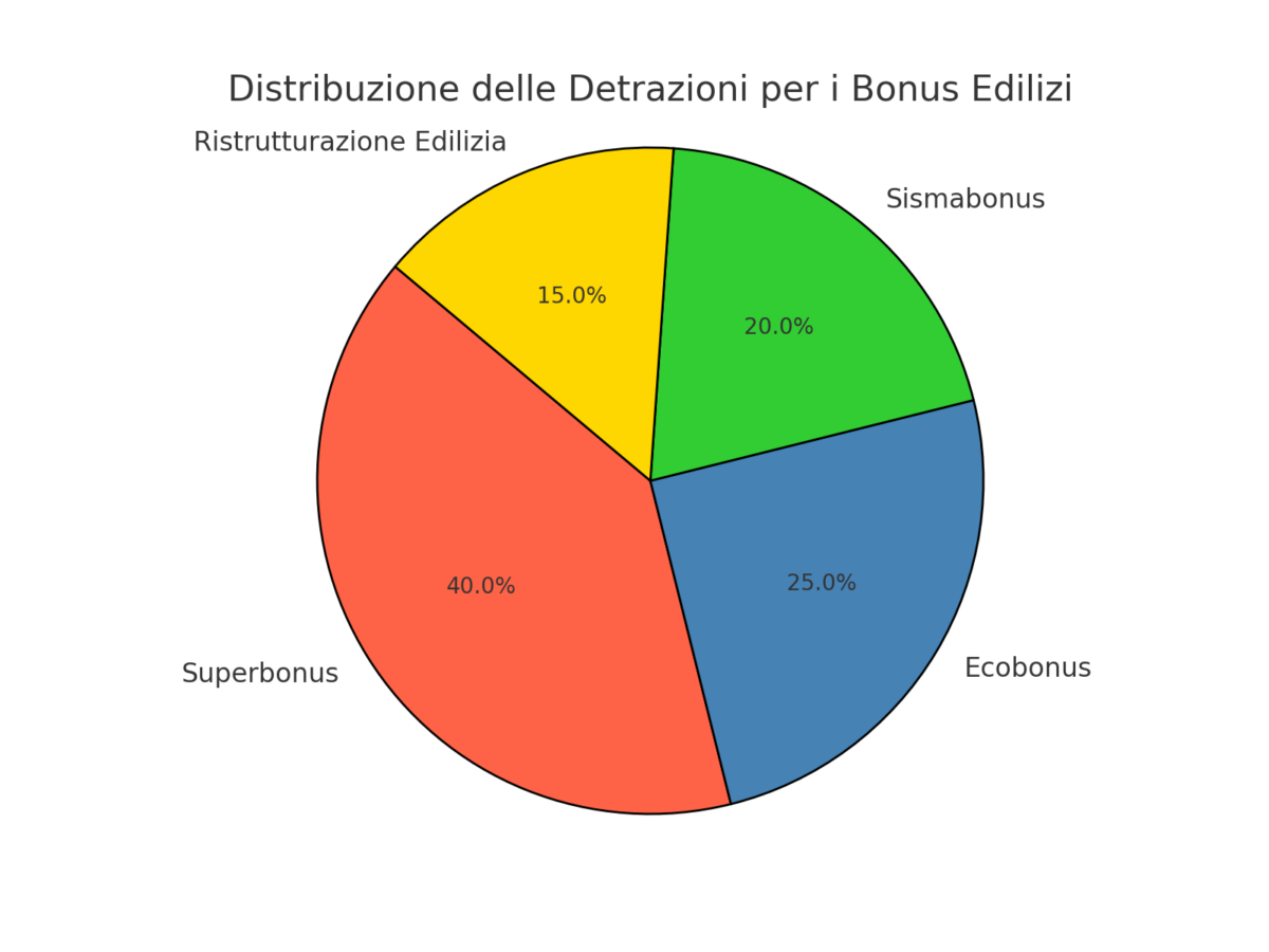 Distribuzione delle detrazioni per i Bonus Edilizi
Questo grafico rappresenterà visivamente la proporzione dei benefici fiscali tra i vari bonus edilizi.