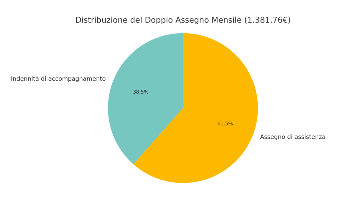 Questo grafico a torta mostra come è suddiviso l'importo mensile, con l'indennità di accompagnamento e l'assegno di assistenza.